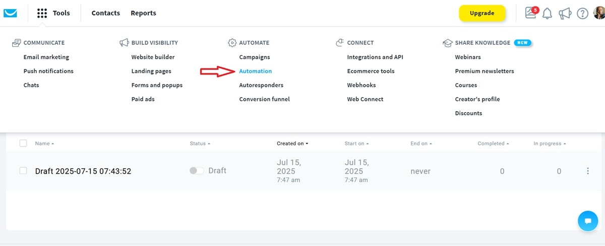 GetResponse automation menu navigation showing Tools and Automation options for setting up order confirmation email workflows
